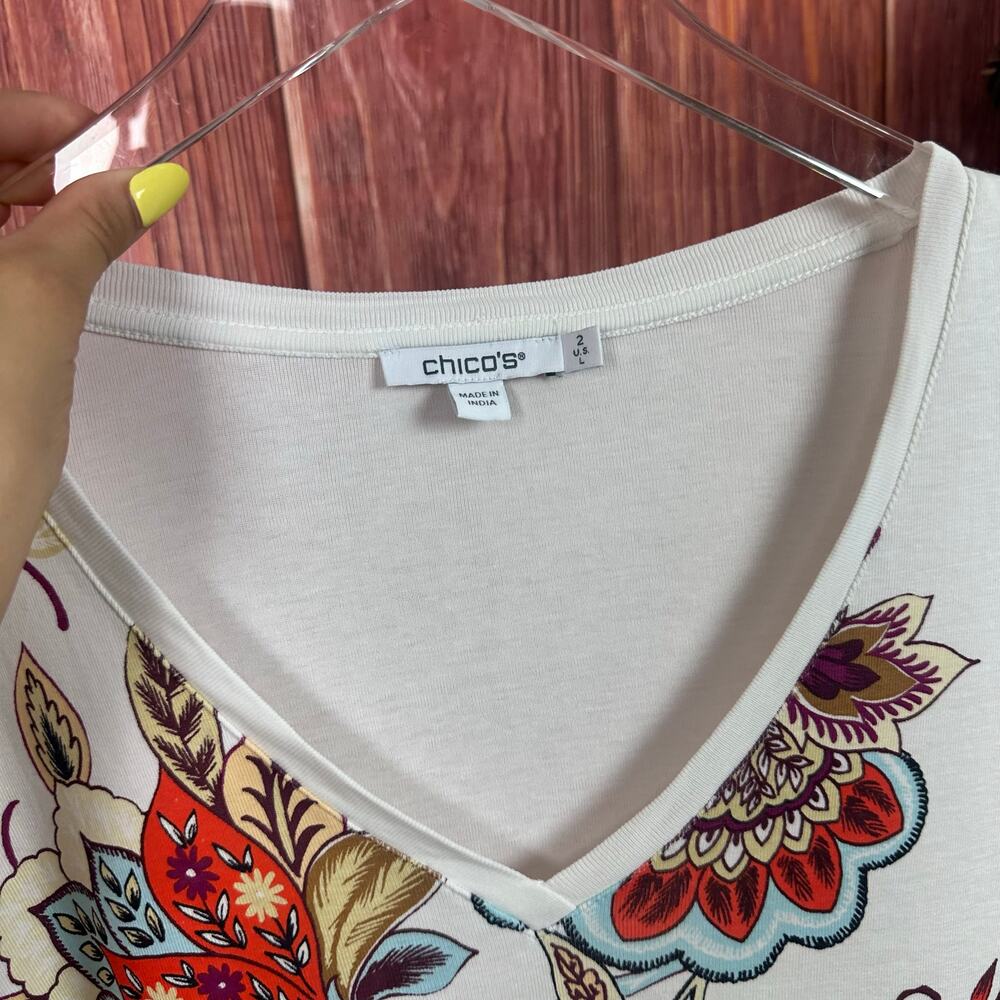 Chico's V-Neck Top Botanical Floral Print Ivory 3/4 Sleeves Artsy Size 2 / US L‎ - Picture 6 of 7